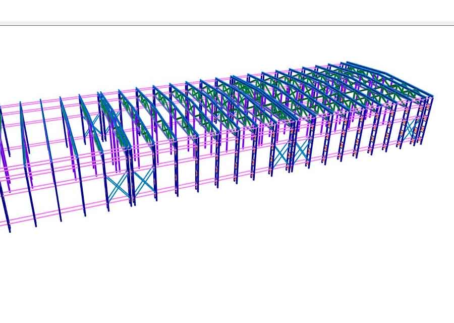 Расчетная схема (визуальное представление) металокаркаса здания в строительном проекте